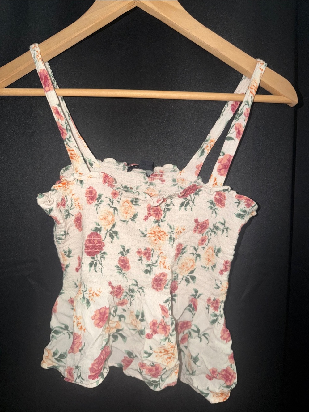 Smocked Floral Peplum Cami Top - White with Pink & Yellow Roses